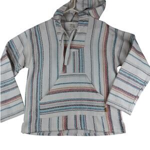 Molina Mexico Baja‎ Hoodie Mens Large White Stripped Knit Drawstring Casual